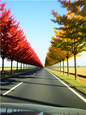 秋天公路两侧的树木摄影图片